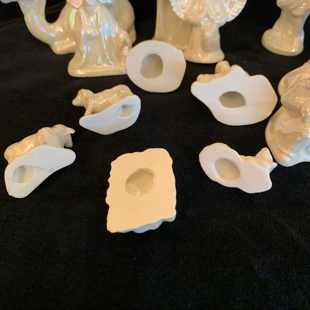 14 Piece Small Ceramic Pearlescent White Nativity Set Scene // Christmas Holiday